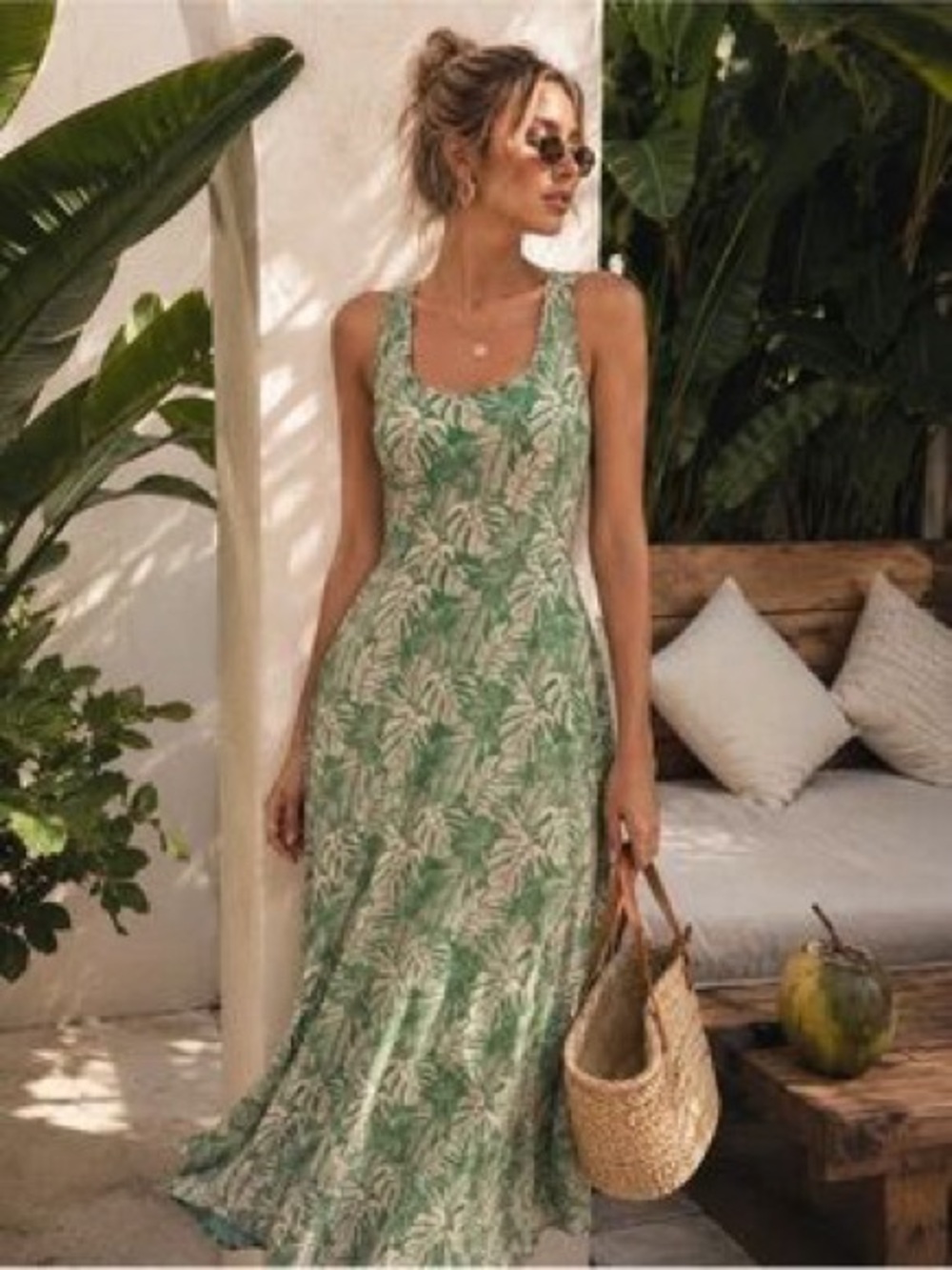 PACT Jade Green Cream Palm Leaf Print Fit & Flare Open Back Maxi Dress large